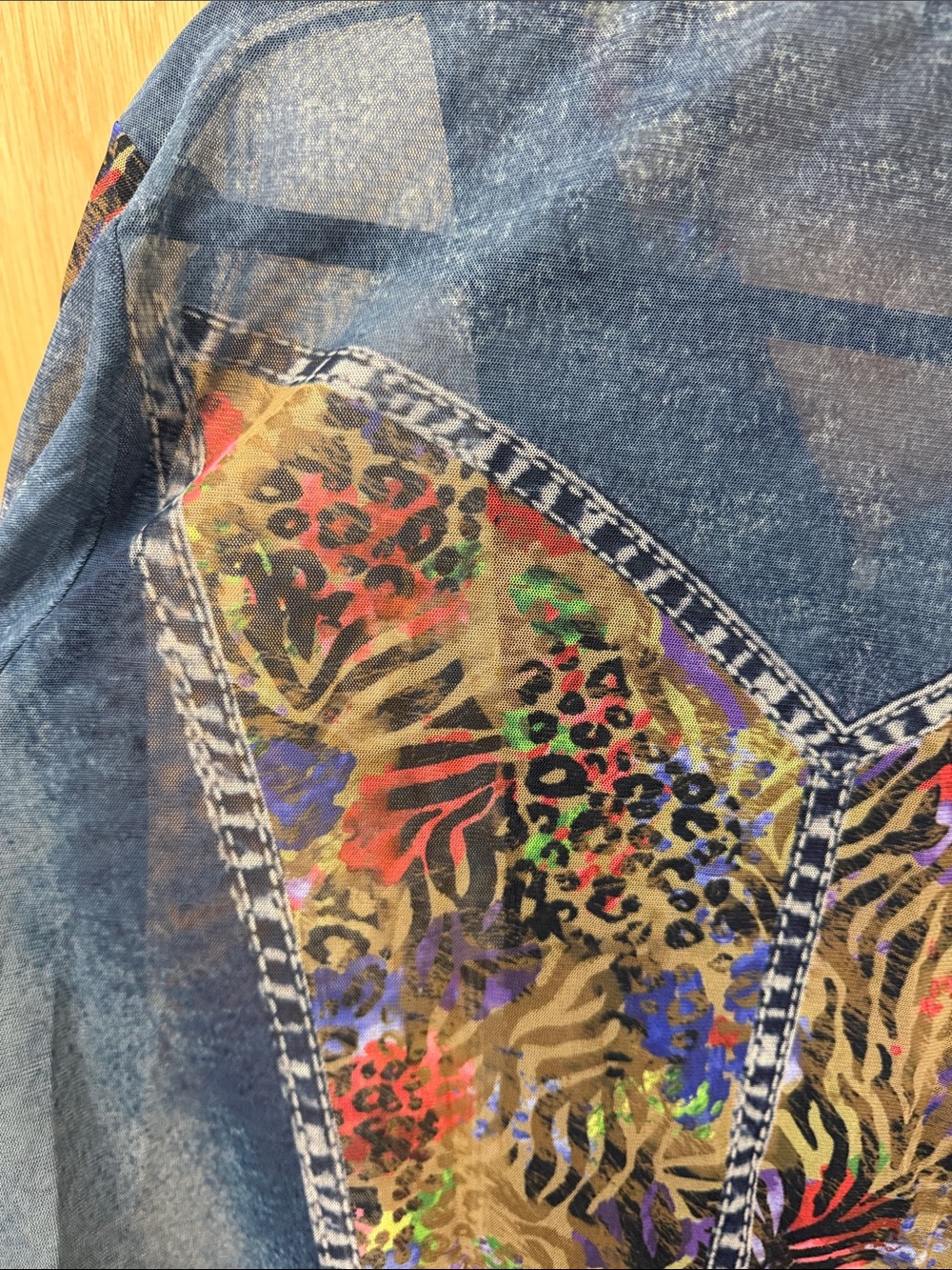 John Mark MESH Sheer Blue Denim PRINTED Jacket with Multicolor Floral Trim - Picture 6 of 14